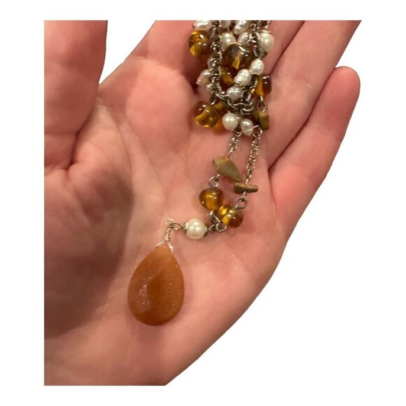 AVON Earthtone Pearlesque Multi-Strand Necklace Silvertone Stone Glass Brown 15" - Picture 16 of 16